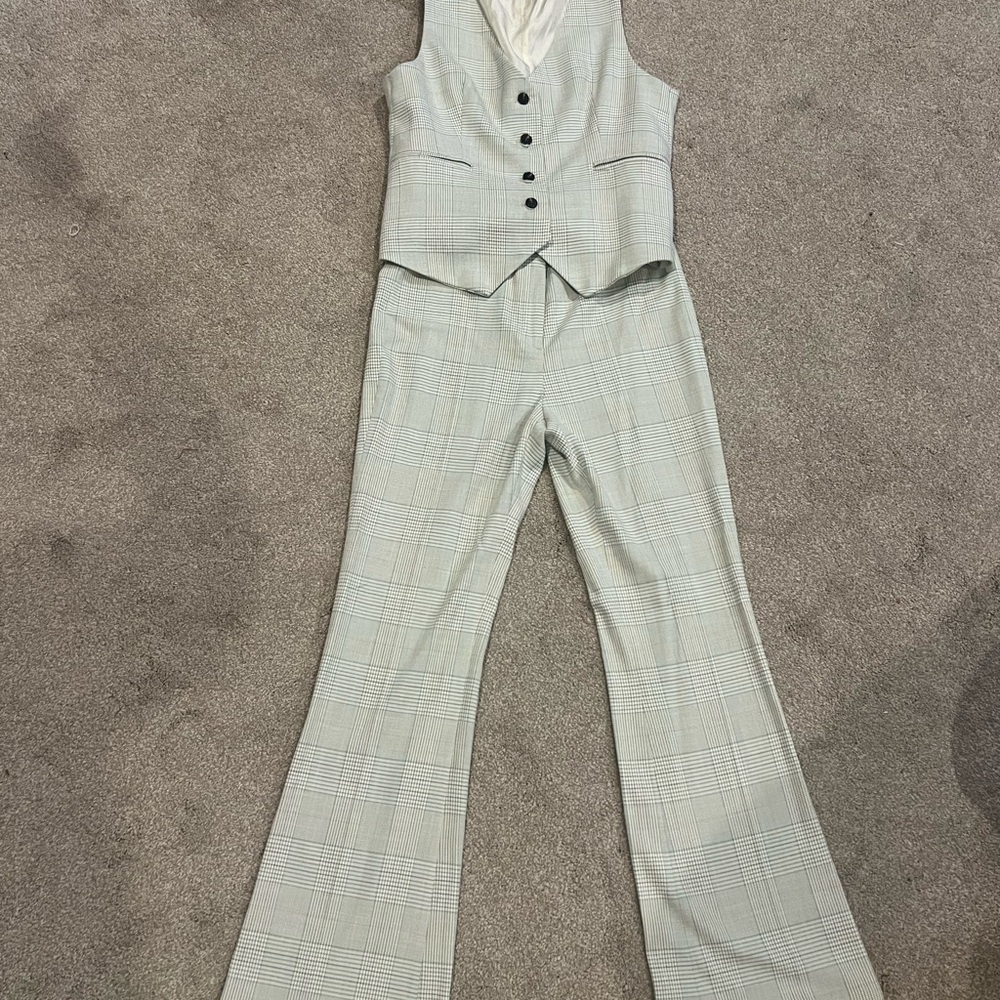 Zara Light Gray Plaid Vest and Flare Pants Set